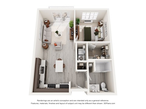 Floor plan for 1 bed, 1 bath, 697 sqft